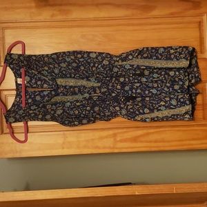 RAGA Woman's XS Floral Boho Silky Sleeveless Romper Blue Gold Shorts Pockets NEW